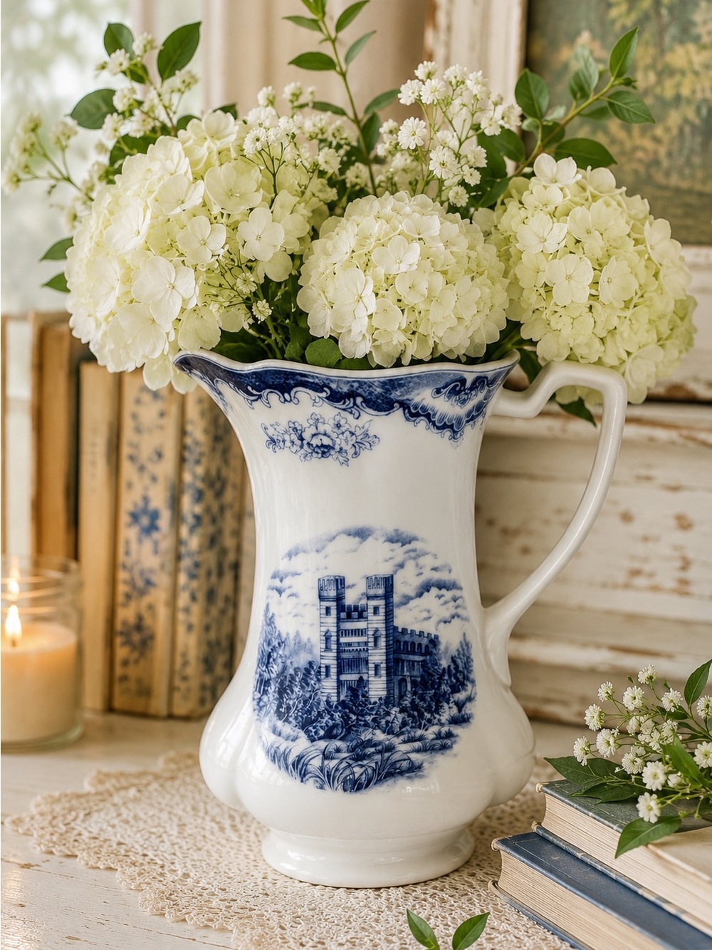 LINDA DANO Vintage Pitcher Vase Blue White Castle Ceramic QVC Cottagecore Rare